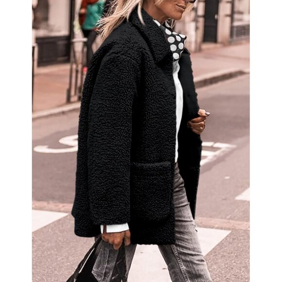 Women’s Black Faux Fur Coat Long Sleeve Lapel Button Down Fleece Sherpa Jacket - Picture 4 of 8